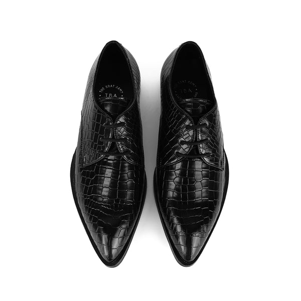 The Brat Army Narrow Croc-Textured Pointed Derby Lace-Ups – Elegance Redefined