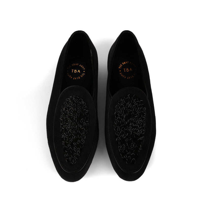 The Brat Army - Black( Midnight Noir) Embellished Slip-Ons in Ethical Suede