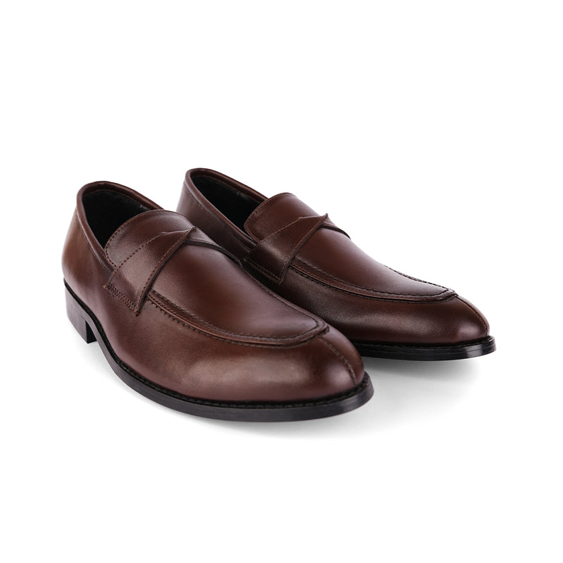 The Brat Army Derby Brown Twisted Strap Loafers.