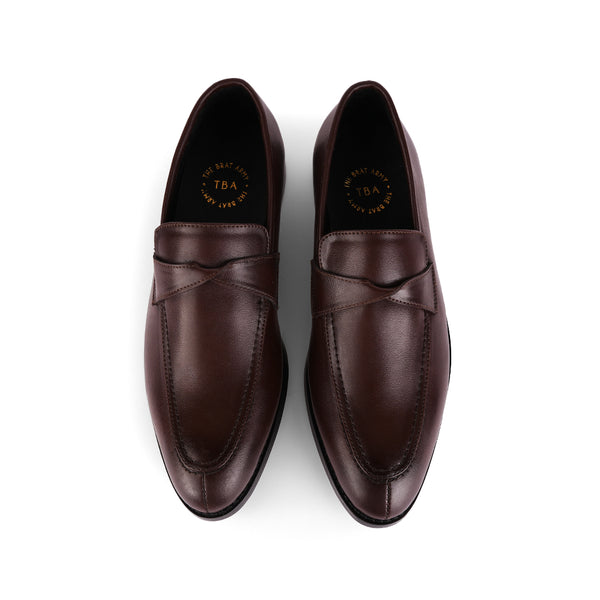 The Brat Army Derby Brown Twisted Strap Loafers.