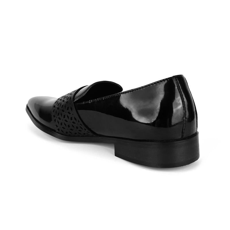 The Brat Army Montreux Patent Black Carved Strap Loafers.