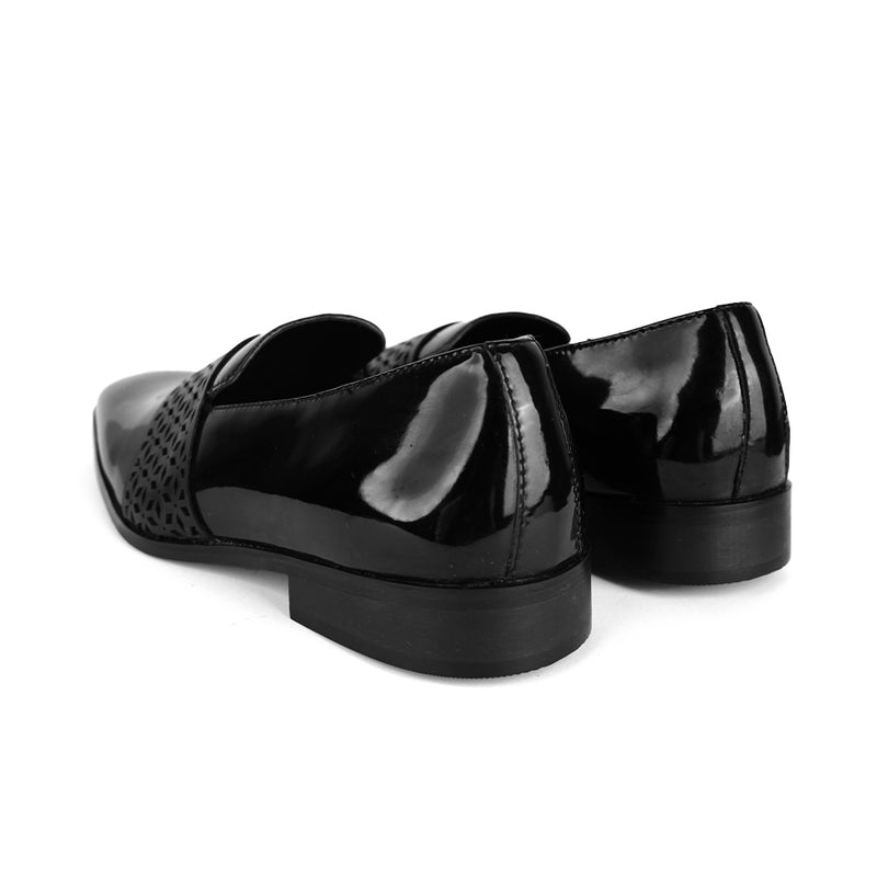 The Brat Army Montreux Patent Black Carved Strap Loafers.