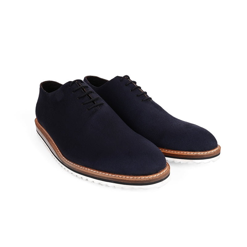 The Brat Army Blue Suede Minimalist Lace-Up Sneakers with Signature Multicolor Sole