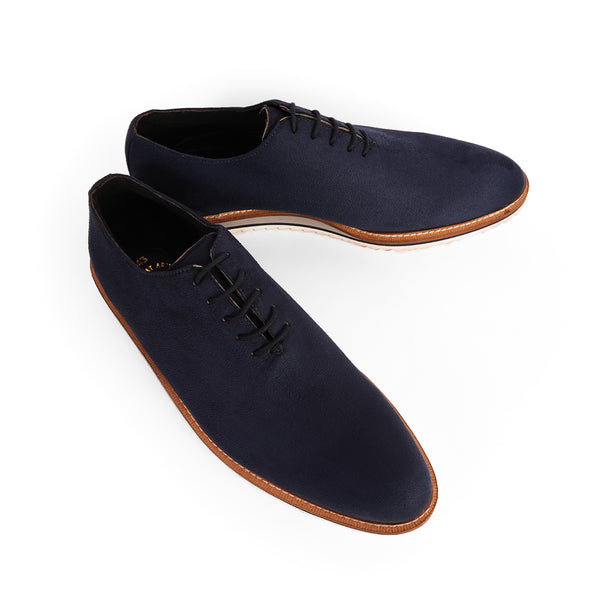 The Brat Army Blue Suede Minimalist Lace-Up Sneakers with Signature Multicolor Sole