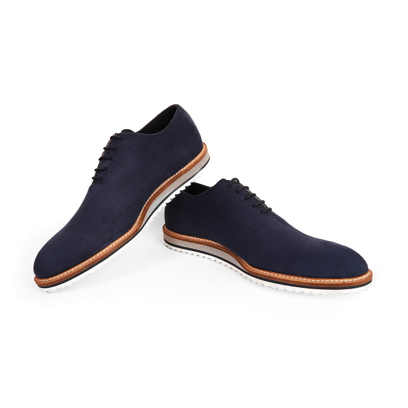 The Brat Army Blue Suede Minimalist Lace-Up Sneakers with Signature Multicolor Sole