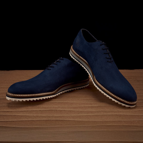 The Brat Army Blue Suede Minimalist Lace-Up Sneakers with Signature Multicolor Sole