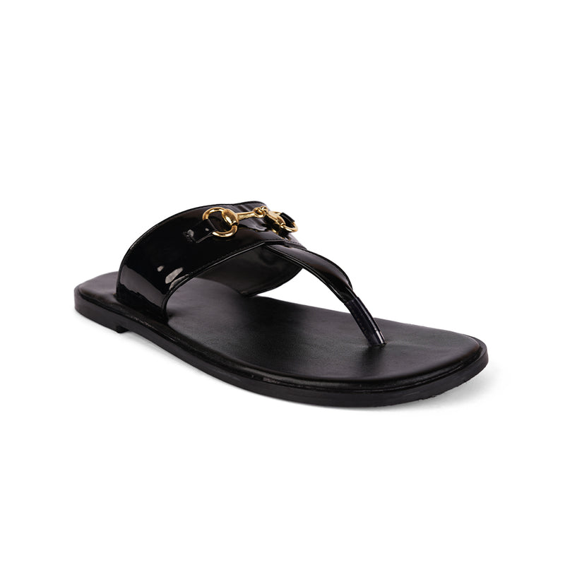The Brat Army Patent Black Horsebit Sandals with Grip Sole and Buckle Detail