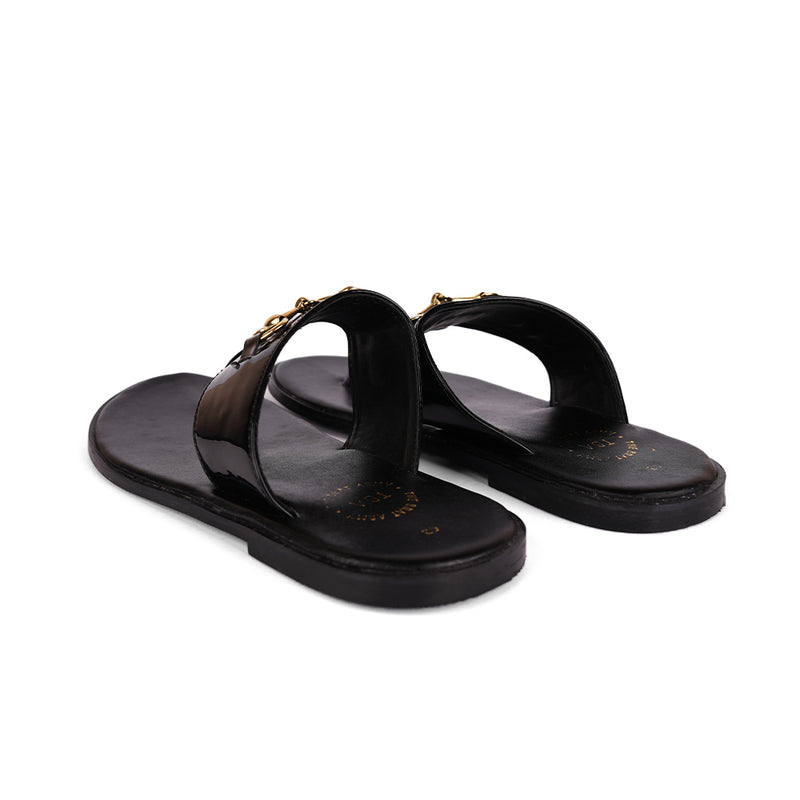 The Brat Army Patent Black Horsebit Sandals with Grip Sole and Buckle Detail