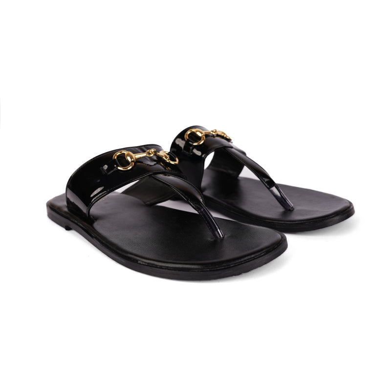 The Brat Army Patent Black Horsebit Sandals with Grip Sole and Buckle Detail