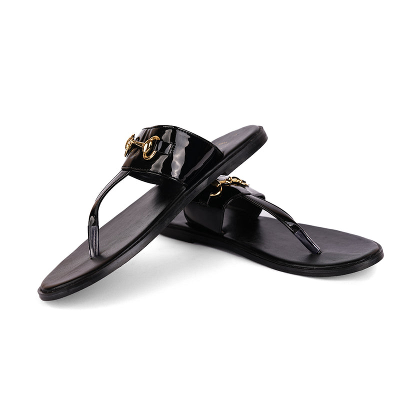 The Brat Army Patent Black Horsebit Sandals with Grip Sole and Buckle Detail