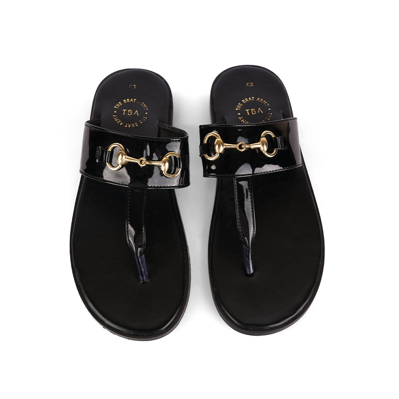 The Brat Army Patent Black Horsebit Sandals with Grip Sole and Buckle Detail