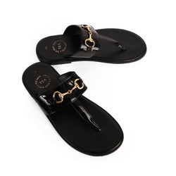 The Brat Army Patent Black Horsebit Sandals with Grip Sole and Buckle Detail