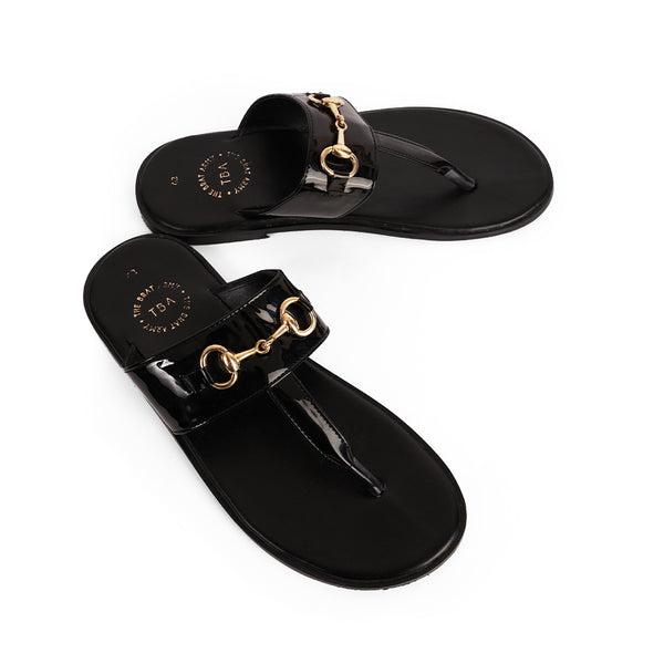 The Brat Army Patent Black Horsebit Sandals with Grip Sole and Buckle Detail