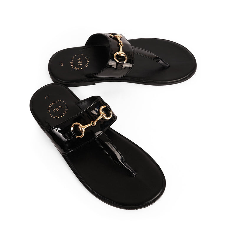 The Brat Army Patent Black Horsebit Sandals with Grip Sole and Buckle Detail