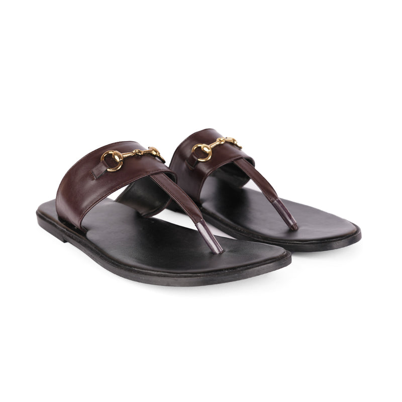 The Brat Army Brown Horsebit Sandals with Grip Sole and Buckle Detail