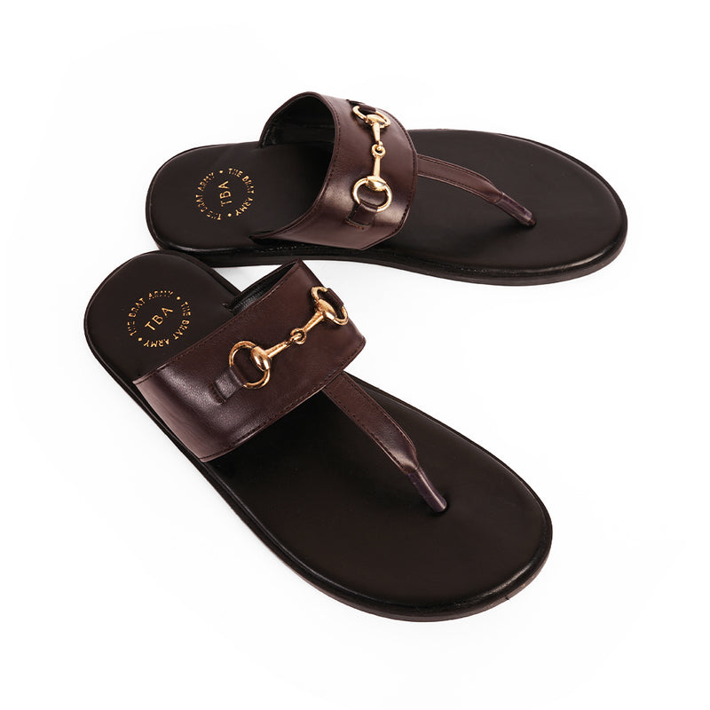 The Brat Army Brown Horsebit Sandals with Grip Sole and Buckle Detail