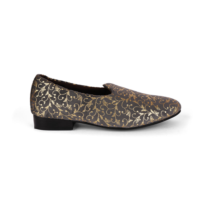 The Brat Army Grey Velvet Ethnic Slip-Ons with Golden Floral Imprint