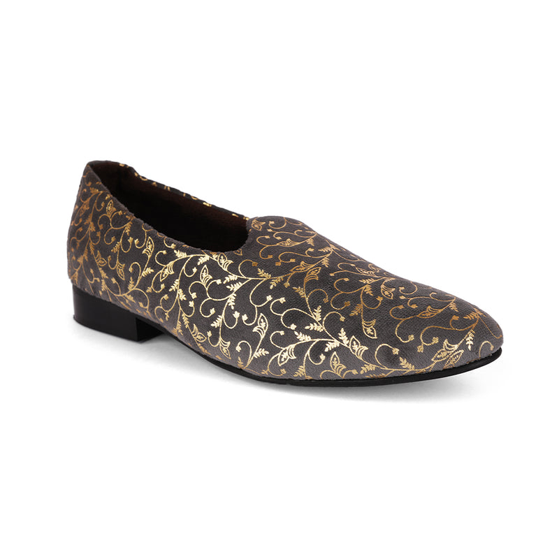 The Brat Army Grey Velvet Ethnic Slip-Ons with Golden Floral Imprint