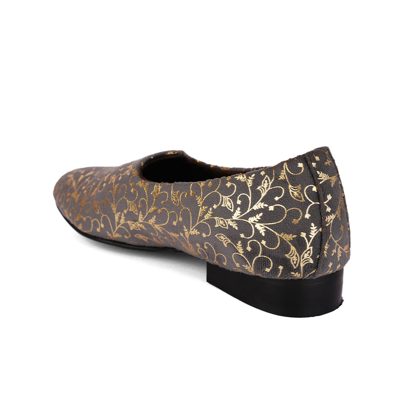 The Brat Army Grey Velvet Ethnic Slip-Ons with Golden Floral Imprint