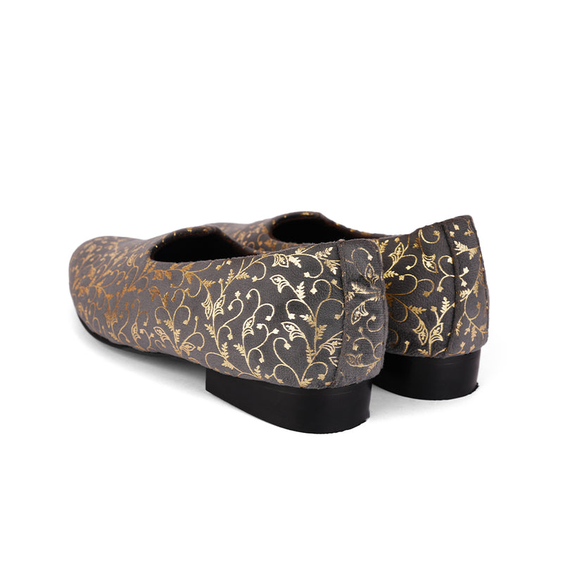 The Brat Army Grey Velvet Ethnic Slip-Ons with Golden Floral Imprint