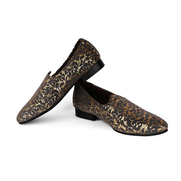 The Brat Army Grey Velvet Ethnic Slip-Ons with Golden Floral Imprint