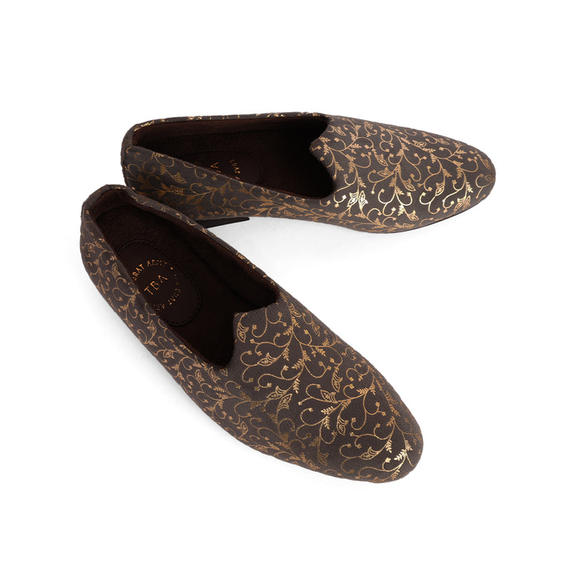 The Brat Army Grey Velvet Ethnic Slip-Ons with Golden Floral Imprint