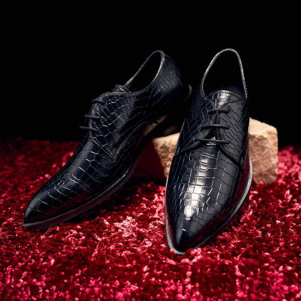 The Brat Army Narrow Croc-Textured Pointed Derby Lace-Ups – Elegance Redefined