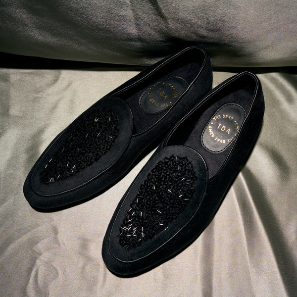 The Brat Army - Black( Midnight Noir) Embellished Suede Slip-Ons