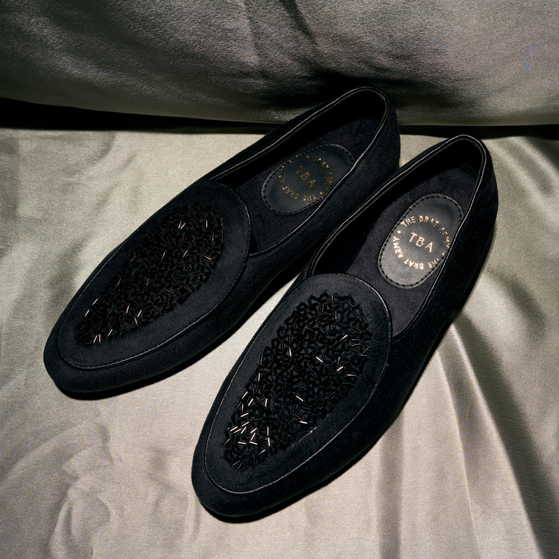 The Brat Army - Black( Midnight Noir) Embellished Suede Slip-Ons
