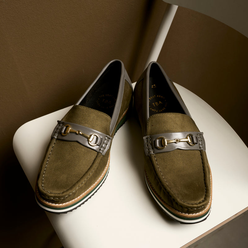 The Brat Army Olive Suede Loafers with Grey Accents & Multicolor Sole