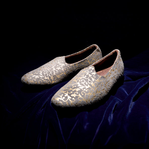 The Brat Army Grey Velvet Ethnic Slip-Ons with Golden Floral Imprint