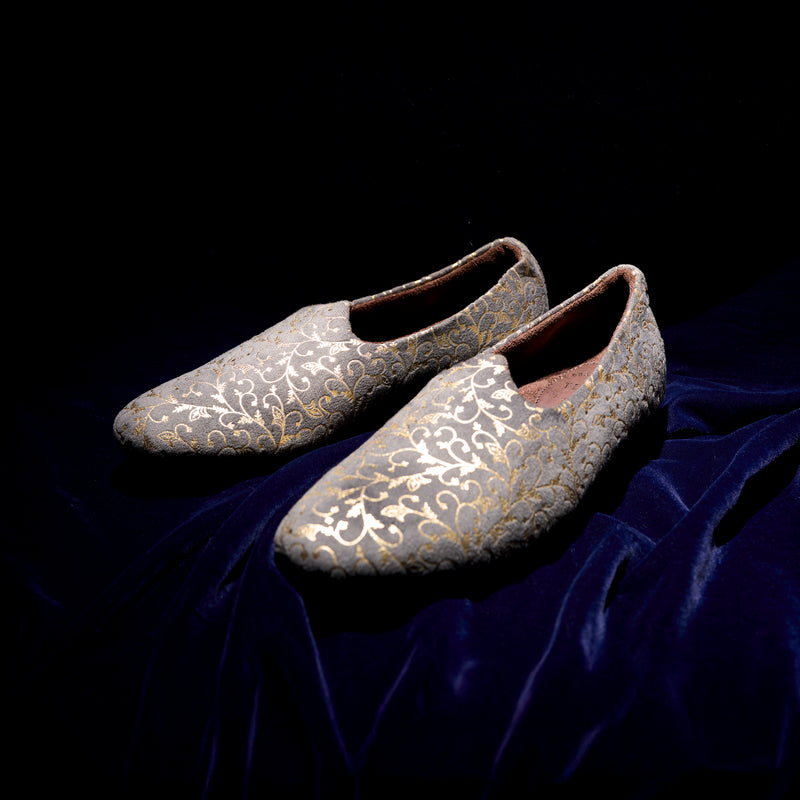 The Brat Army Grey Velvet Ethnic Slip-Ons with Golden Floral Imprint