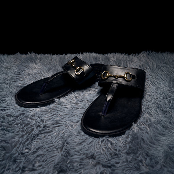 The Brat Army Black Horsebit Sandals with Grip Sole and Buckle Detail