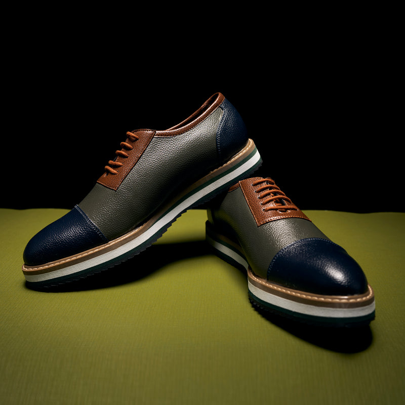 The Brat Army Men's Olive & Brown Grain-Textured Faux Leather Sneakers with Multicolor Sole