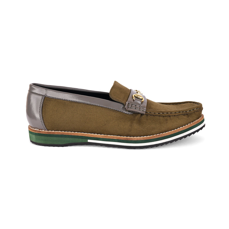 The Brat Army Olive Suede Loafers with Grey Accents & Multicolor Sole