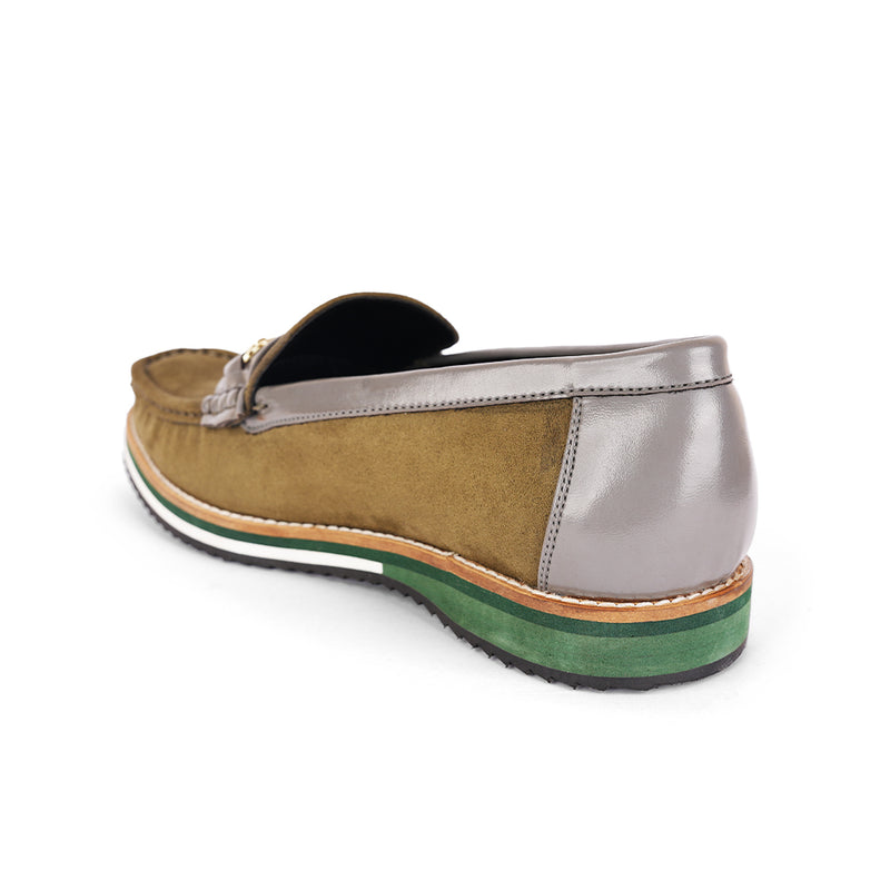 The Brat Army Olive Suede Loafers with Grey Accents & Multicolor Sole
