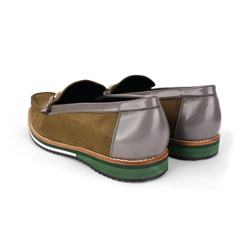 The Brat Army Olive Suede Loafers with Grey Accents & Multicolor Sole