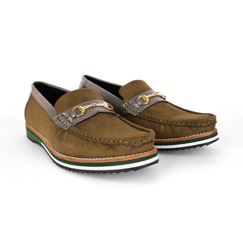The Brat Army Olive Suede Loafers with Grey Accents & Multicolor Sole