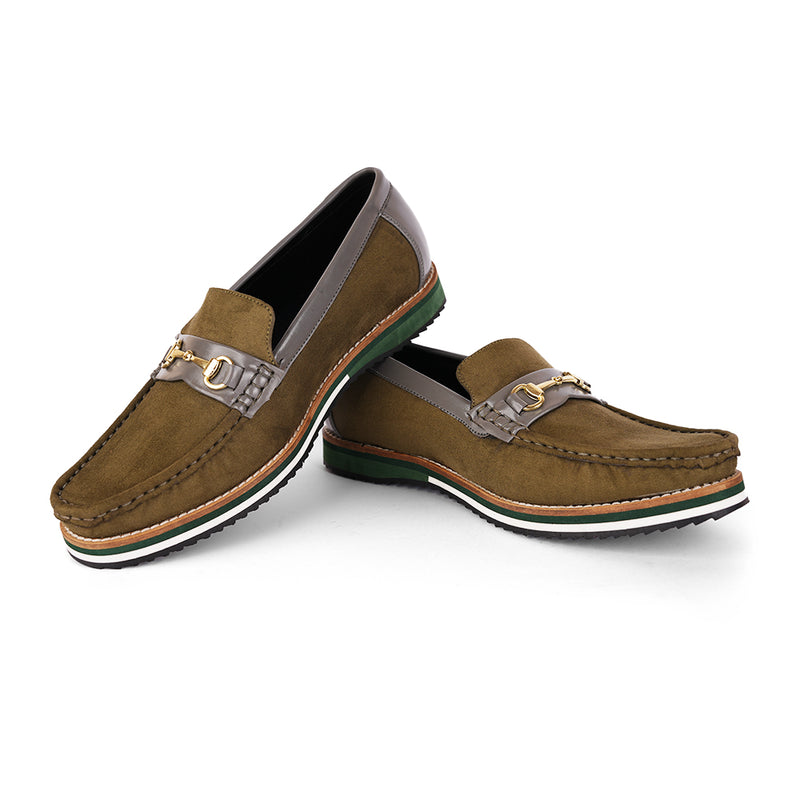The Brat Army Olive Suede Loafers with Grey Accents & Multicolor Sole