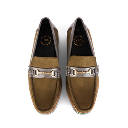 The Brat Army Olive Suede Loafers with Grey Accents & Multicolor Sole