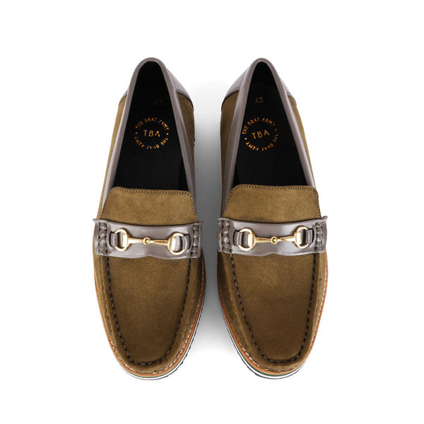 The Brat Army Olive Suede Loafers with Grey Accents & Multicolor Sole