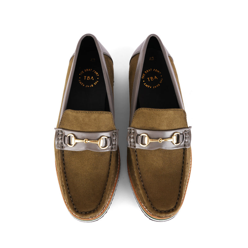 The Brat Army Olive Suede Loafers with Grey Accents & Multicolor Sole