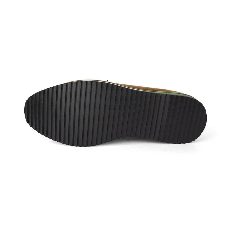 The Brat Army Olive Suede Loafers with Grey Accents & Multicolor Sole