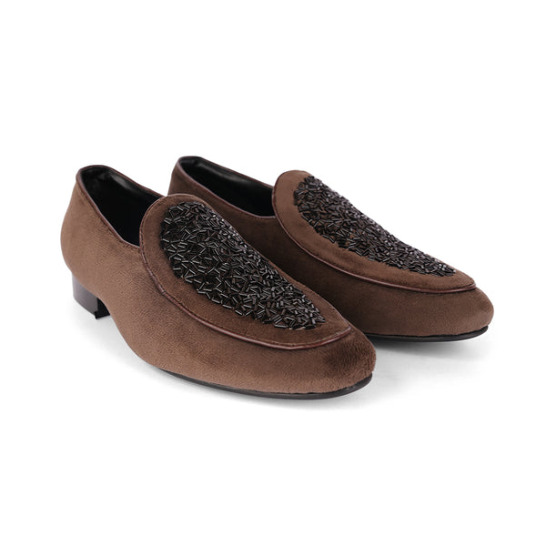 The Brat Army Brown Beaded Suede Vegan Loafers