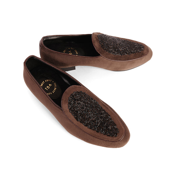 The Brat Army Brown Beaded Suede Vegan Loafers
