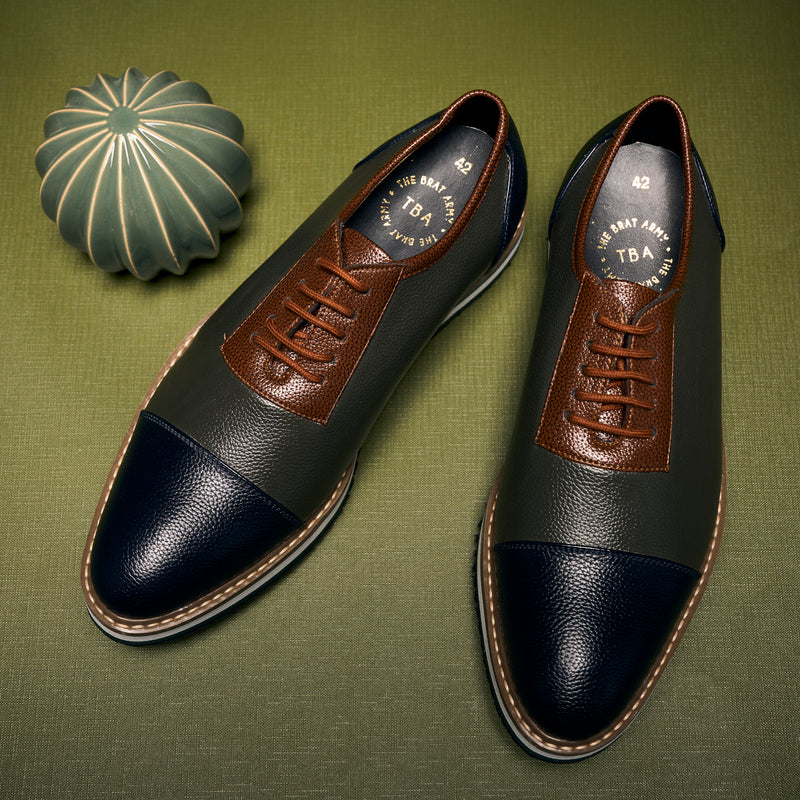 The Brat Army Men's Olive & Brown Grain-Textured Faux Leather Sneakers with Multicolor Sole