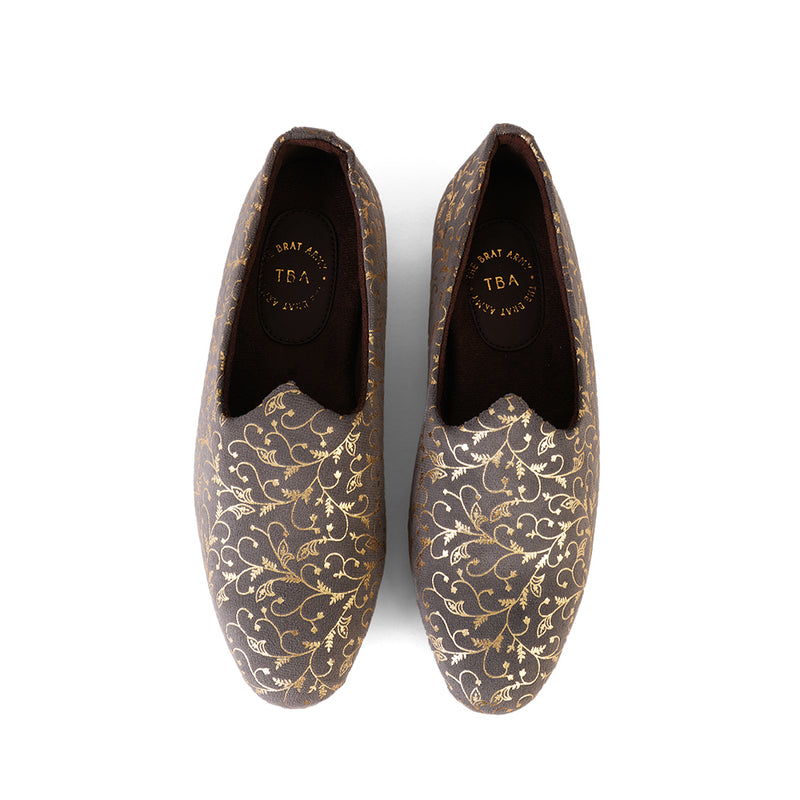 The Brat Army Grey Velvet Ethnic Slip-Ons with Golden Floral Imprint