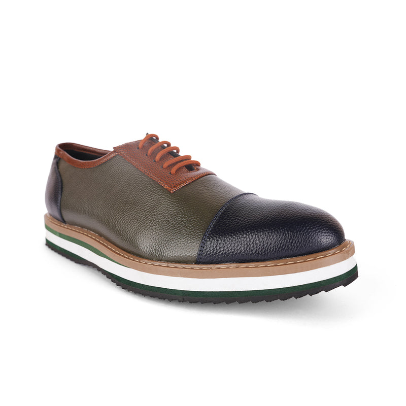 The Brat Army Men's Olive & Brown Grain-Textured Faux Leather Sneakers with Multicolor Sole