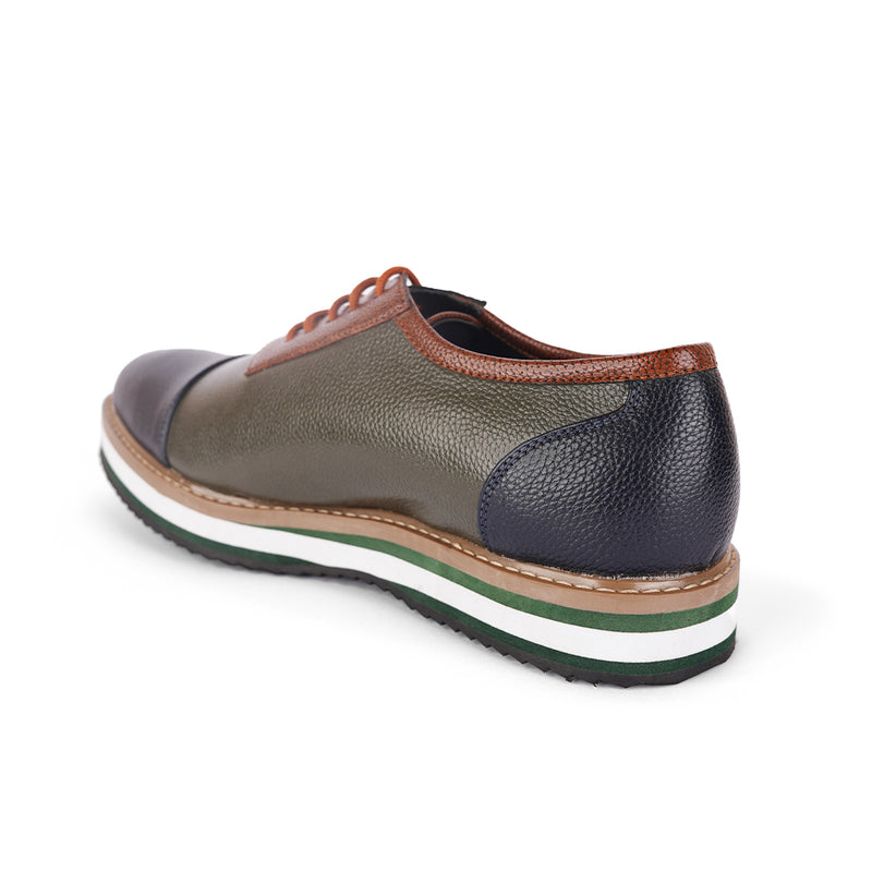 The Brat Army Men's Olive & Brown Grain-Textured Faux Leather Sneakers with Multicolor Sole