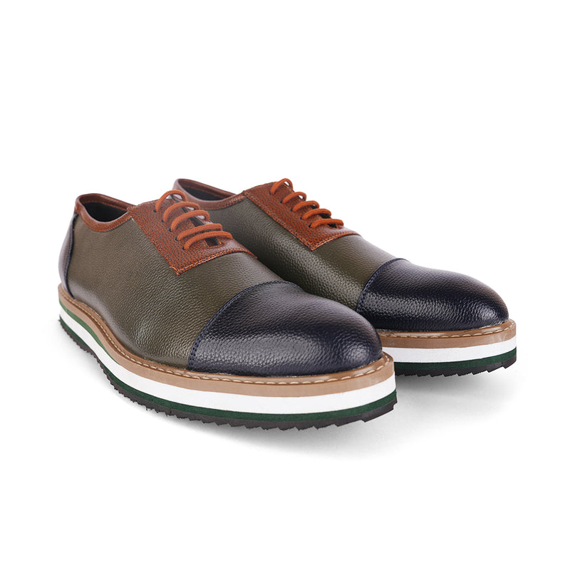 The Brat Army Men's Olive & Brown Grain-Textured Faux Leather Sneakers with Multicolor Sole